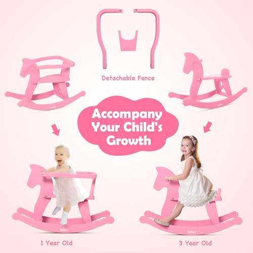 Belleur Rocking Horse for Kids 1-3 Years Old, Wooden Rocking Toy for Toddlers with Removable Fence for Indoor & Outdoor Activities, Baby Horse Riding Toy for Birthday & Visit Gifts