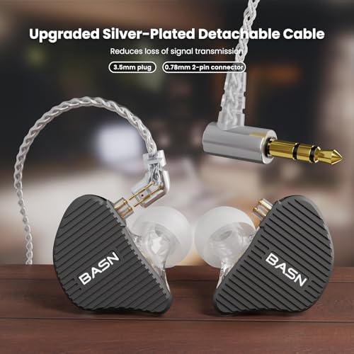 BASN Mix-PD in Ear Monitor,1Planar Driver + 1Dynamic Driver HiFi IEM Earphones with CNC Crafted Metal Cover, Wired 0.78mm 2-Pin Silver Plated Detachable Cable for Musicians (Black)