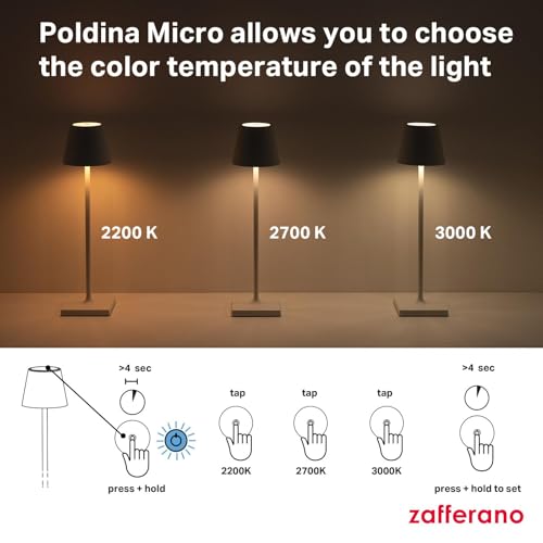 Zafferano, Poldina Micro Lamp with Glossy Gold Finish, Rechargeable Cordless Table Lamp with Touch Controls, Usable as an Indoor Lamp, Dimmer, 2200-3000 K, Height 10.8 Inches