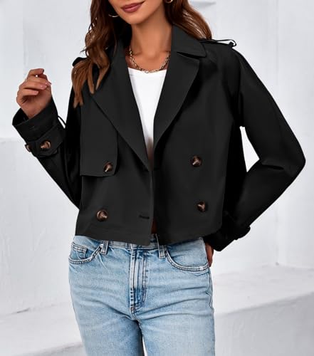 Tankaneo Womens Cropped Trench Coat Lapel Double Breasted Short Jacket Outwear with Pockets