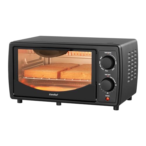 COMFEE' Toaster Oven Countertop, Small Toaster Ovens Combo 4 slice, Mini Oven for 9" Pizza, Compact Oven 2 Racks for Toast, Bake, Broil, 950W, Black, CTO-E101A(BK)