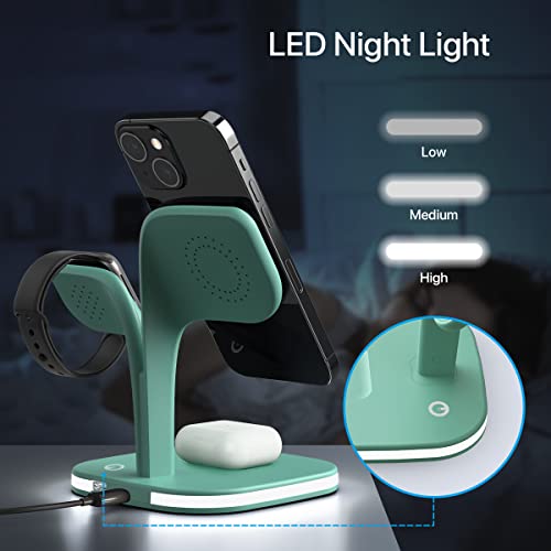 EXW Charging Station, Magnetic Wireless Charger, 5 in 1 Fast Mag-Safe Wireless Charger Stand for iPhone 16,15 14,13,12 Pro/Max/Mini/Plus, Apple Watch 9/8/7/6/SE/5/4/3/2 and Airpods 3/2/Pro/Pro（Green）