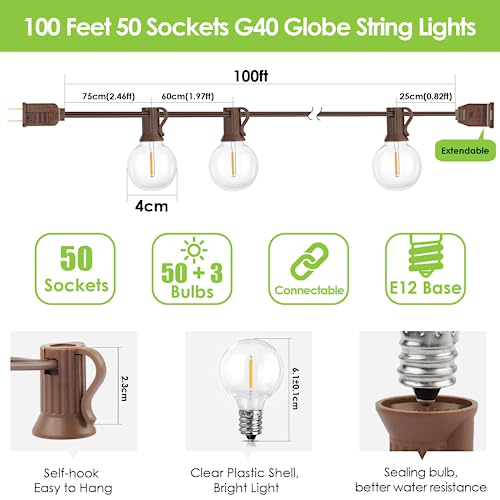 Mlambert 100Ft LED Outdoor String Lights, Dimmable Patio Lights, Waterproof Shatterproof 50+3 G40 Globe Bulb Lights for Backyard Bistro-Black 1 Pack