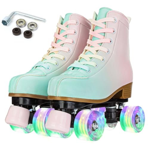 YYW Roller Skates for Girl Women Quad Roller Derby Skates High Top Double Row Light Up Roller Skates PU Skates Shoes for Kid Beginner Indoor Outdoor (32), Green pink flashing wheel