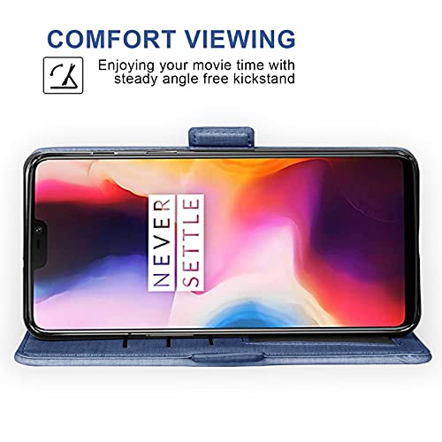 Asuwish Phone Case for OnePlus 6 Wallet Cover with Tempered Glass Screen Protector and Wrist Strap Flip Card Holder Slot Stand Cell OnePlus6 A6000 One Plus6 1 Plus 1plus Six One+ 1+ 6 Women Men Blue