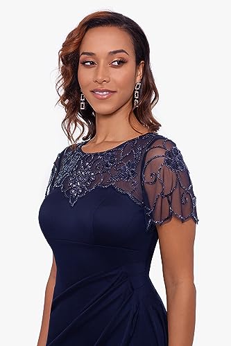 Xscape Women's Long Beaded Sequin Illusion Neckline Jersey Dress (Reg and Petite), Navy
