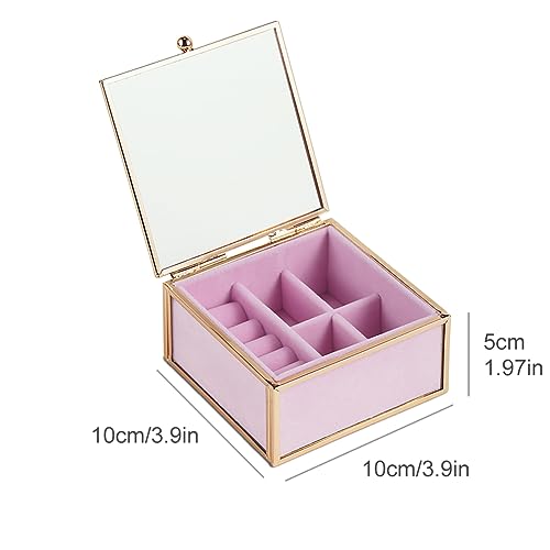 Veki Travel Jewelry Organizer Box, Clear Glass Jewelry Case with Gold Frame for Women Girls, Transparent Display Boxes with Removable Compartment for Earring, Ring, Necklaces, Bracelets (Square)