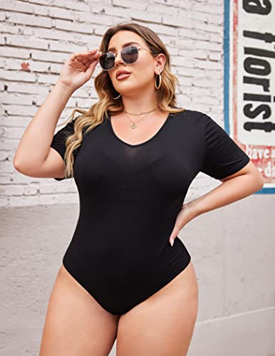 IN'VOLAND Women's Bodysuit Plus Size Sexy V Neck Bodysuits Leotards Solid Basic Top T Shirt Jumpsuits