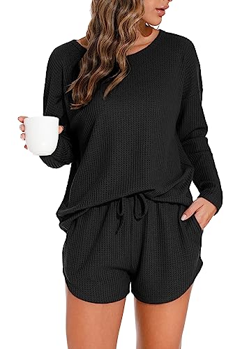 PrinStory Womens Waffle Knit Pajama Sets Long Sleeve Lounge Sets Loungewear Sweatsuit with Pockets Navy Blue