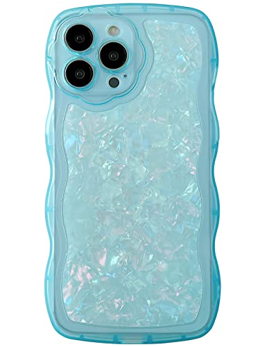 Qokey Clear Cute Flower Design Lens Glitter Shell Pattern Case with Wave Curly Frame,Soft Slim Shockproof Anti-Fingerprint Dirt-Resistance Compatible with iPhone Case(Blue,for iPhone 13 Pro Max)