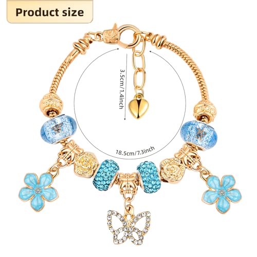 Charm Bracelet for women Christmas Gifts, with Crystal and Heart Shape Glass Beads Sliver CZ Cross Snake Chain Bracelet, Trendy Charm Bracelet Jewelry Gifts for Women(blue)