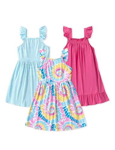 PATPAT 3 Pack Toddler Girls Clothes Ruffle Long Sleeve Casual Swing Princess Colorful Dress, White Yellow Butterfly, 9-10Years