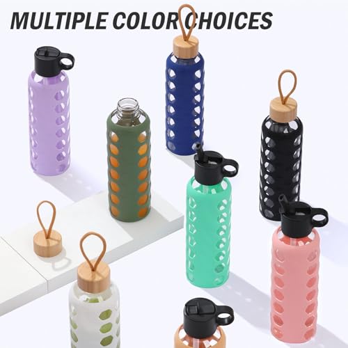 MUKOKO Glass Water Bottles, 24oz Glass Tumbler, Drinking Bottles with 2 Lids-Handle Flip Straw Lid&Bamboo Lid, Motivational Water Bottle with Time Marker and Silicone Sleeve, Leakproof-1 Pack-Amber