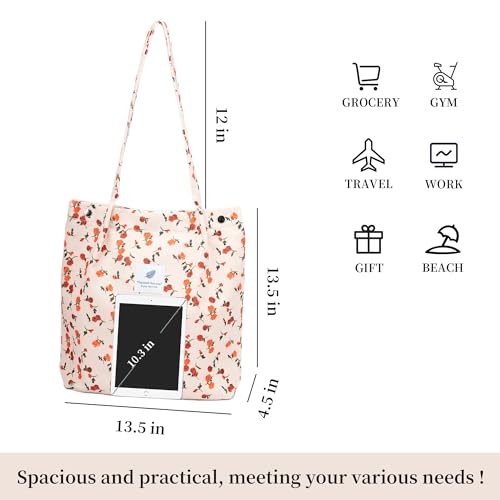 Corduroy Tote Bag Cute Tote Bags for Women Shoulder Bag with Inner Pocket for Work Beach Travel and Shopping Grocery (Grey)