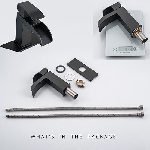 Brushed Nickel Waterfall Bathroom Faucets, High-Flow Bathroom Faucets 1 Hole, Single Handle Bathroom Sink Faucet, Modern Vanity Faucet with Pop Up Drain and Water Supply Lines