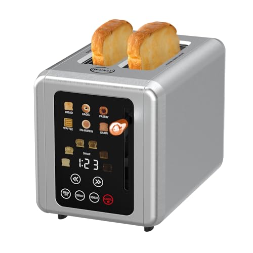 Touch screen Toaster 2 slice, Stainless Steel Digital Timer Toaster with Sound Function, 6 Bread Types & 6 Shade Settings, Smart Extra Wide Slots Toaster with Bagel, Defrost Functions (grey)