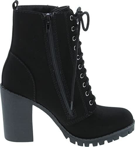 Soda Malia Round Toe Stacked Lug Heel Lace Up Ankle Booties (Black (PU), numeric_11)