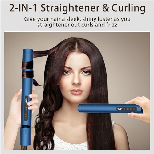 KUSNCA Professional Flat Iron Hair Straightener and Curler Iron 2 in 1, Ceramic Negative Ion Straightening, Dual Voltage Travel Pack, Front Anti-Scald Function, LCD 230°F-450°F, 1 Inch (Blue)