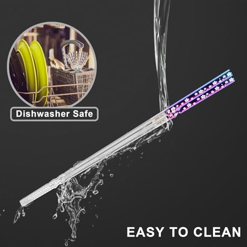 JOMUCO 5 Pairs Reusable Stainless Steel Chopsticks - Laser Engraved Floral Pattern - Dishwasher Safe - Easy to Use and Clean - Gift Set