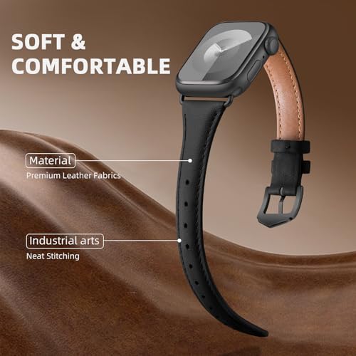 DaQin Slim Leather Band Compatible with Apple Watch Bands for Women 40mm 38mm 41mm, Top Grain Genuine Leather Strap Thin Replacement Wristband for Apple Watch Series 9 8 7 6 5 4 3 2 1 SE Ultra, Black