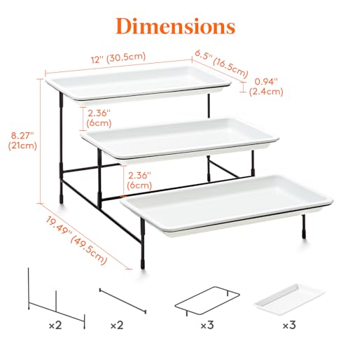 Lifewit 3 Tier Plastic Serving Tray for Party Supplies, 12" x 6.5" Platters for Serving Food, White Reusable Trays with Black Metal Display Stand for Veggie, Fruit, Cookies, Dessert