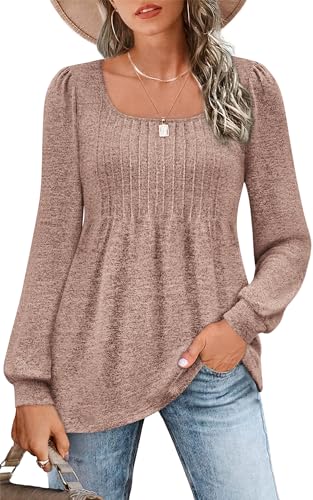 Zwurew Blouses for Women 2024 Fashion Fall Long Sleeve Tunic Tops Dressy Scoop Neck Pleated Peplum Boho Shirts