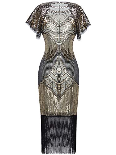 FAIRY COUPLE 1920s Knee Length Flapper Party Dress Layer Tassels Hem Sequined Cap Sleeve Cocktail Dress S Champagne Gold