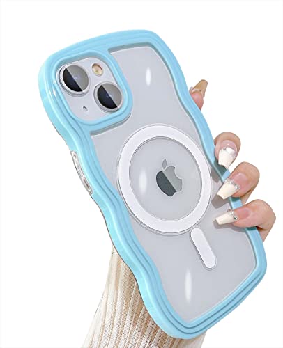 Yeddabox Compatible for iPhone 15 Case Magsafe, Wave Phone Case Cute Water Ripple Candy Colors Frame Shockproof for iPhone 15 Phone Case for Women 6.1 Inch - Blue