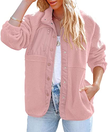 ZESICA Women's Fall Winter Sherpa Fleece Jacket Casual Long Sleeve Button Down Fuzzy Shacket Outerwear Coat,Apricot,Small