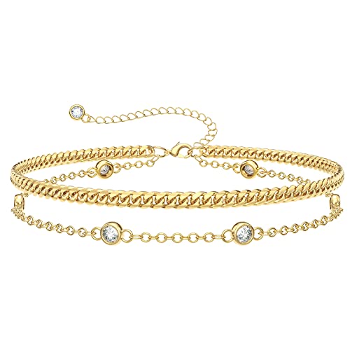 KissYan Gold Bracelets for Women, Dainty 14K White Gold Plated Layered Paperclip Tiny Pearl Cuban Link Chain Bracelet Set Adjustable Cute Jewelry Gift(G-cuban cz)