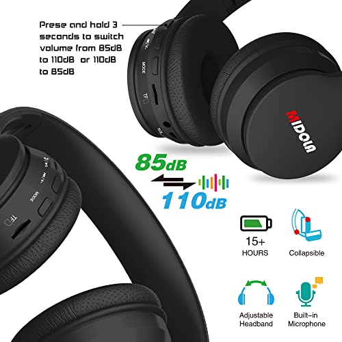 MIDOLA Kids Headphones Bluetooth 5.3 Wireless 60H Play Time Volume Limit 85/110dB Over Ear Foldable Protection Headset/Wired AUX Cord Mic for Child Boy Girl Travel School Phone Pad Tablet Black