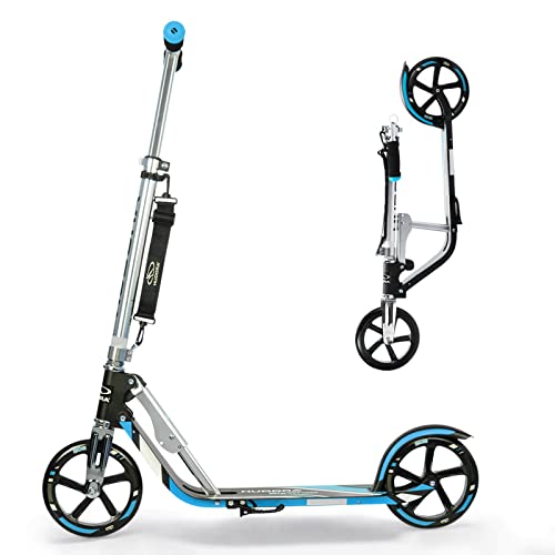 HUDORA Scooter for Kids with 80Six Helmet Bundle, Blue Wheels, Ages 8+