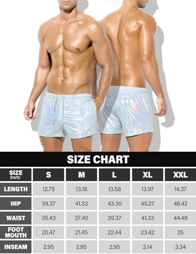 Casey Kevin Men's Holographic Metallic Short Sparkly Shiny Short Pants Rave Outfit Hot Shorts with Pockets and Drawstrings (A1-Sliver,Small)