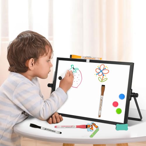 AMUSIGHT Dry Erase Magnetic White Board, 8" x 12" Black Aluminum Frame Double-Sided Desktop Whiteboard with Stand, Portable Small Whiteboard Set for Drawing, Office, Home, School