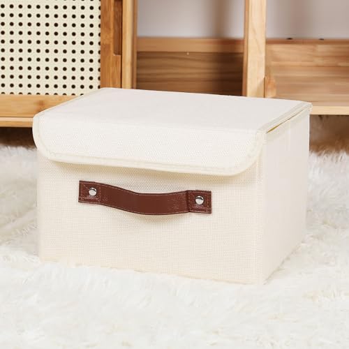 ANMINY 4PCS Storage Bins with Lid PU Leather Handles Storage Boxes PP Plastic Board Decorative Foldable Lidded Cotton Linen Fabric Home Cubes Baskets Closet Organizer Containers - Purple, Large Size
