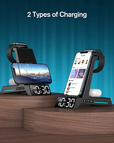 Wireless Charging Station - 4 in 1 Wireless Charger with Alarm Clock, Charging Stand Dock for iPhone 15/14/13/12/11/Pro/Max/XR/XS/X/Samsung Phone, for AirPods Pro/3/2, Apple Watch 9/8/7/6/5/SE/4/3/2