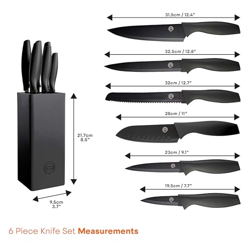 MasterChef Kitchen Knife Set with Covers, 6 Professional Chef Knives for Home Kitchens, Extra Sharp Cutting Stainless Steel Blades & Protective Sheaths, Soft-Touch Easy-Grip Handles, Essential Black