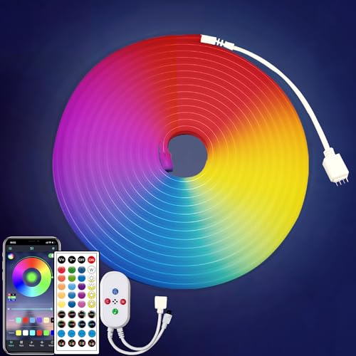 vimeepro Led neon Rope Lights 16.4Ft Music Sync IP65 Waterproof Flexible Led Rope Lights 40Key Remote/APP Control,24V Outdoor RGB Neon Lights, Led Neon Strip Lights for Bedroom Indoor