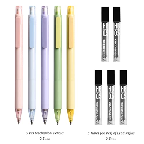 Kaco Mechanical Pencil Set, 5 Pieces Cute Pastel Pencils 0.5 mm with 5 Tube HB Lead Refills (5 Pieces - 5 Mixed Color)