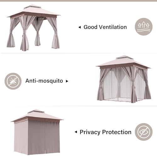 LAUSAINT HOME Outdoor Patio Gazebo with Expansion Bolts, Double Roof Soft top Gazebos Shelter Party Tent with Mosquito Nettings and Privacy Screens for Backyard, Deck, Garden, Lawn (8×8, Khaki)