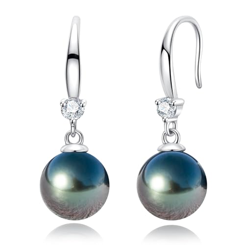 Mihiarii Tahitian Black Pearl 9MM Dangle Earrings Sterling Silver Moissanite Birthday Anniversary Mothers Day Valentines Day Christmas Gifts for Mom Her Women