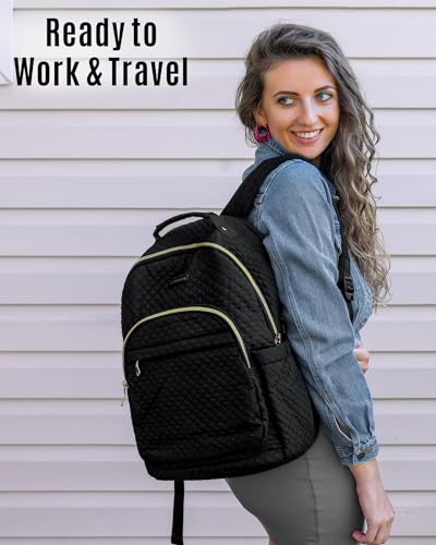LIGHT FLIGHT Travel Laptop Backpack for Women, 15.6 Inch Anti Theft Laptop Backpack with USB Charging Hole Water Resistant Computer Backpack for Work, Quilted Black