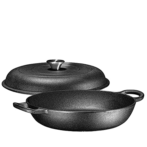 Bruntmor 3.8 Quart Enamel Cast Iron Dutch Oven With Handles And Lid, 3.8 Qt Black Cast Iron Skillet, Enamel Shallow Cookware Braising Pan For Casserole Dish, Crock Pot Covered With Cast Iron- Black