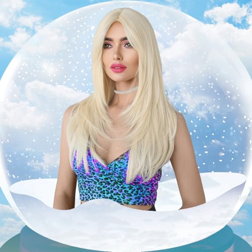 7JHH WIGS Long Straight Wig with Bangs for Women,#613 Blonde Curtain Bangs Wig Heat Resistant Layered Synthetic Wigs for Daily Use