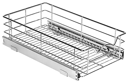 HOLD N’ STORAGE Heavy-Duty Premium Collection Pull Out Cabinet Organizer - Pantry Drawer Slide Out Caddy -Lifetime Limited Warranty - Basket Size 11" W x 21" D x 5" H, Anti-Rust Chrome Finish