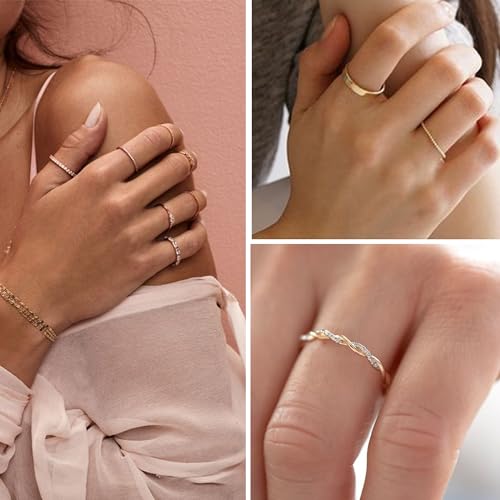 FAXHION 12 PCS Dainty 14K Gold Rings for Women, Eternity Open Chunky Twist Simulated Diamond Criss Cross Designs, Non Tarnish Gold Plated Stacking Thumb Ring, Perfect for Wedding Bands Size 5-11