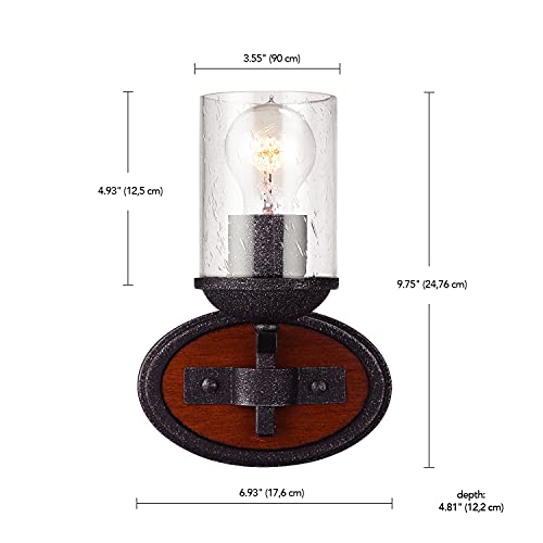 Globe Electric 51855 Kingston 1-Light Vanity Light, Dark Faux Wood, Galvanized Metal Accents, Clear Seeded Glass Shade, Bulb Not Included