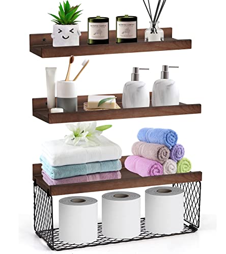 DABIGE Wall Mounted Floating Shelves, 3 Sets Wood Bathroom Shelves with Wire Storage Basket & Hooks, Farmhouse Floating Shelf for Wall Decor, Bedroom, Living Room, Kitchen, Plants, Books – Black