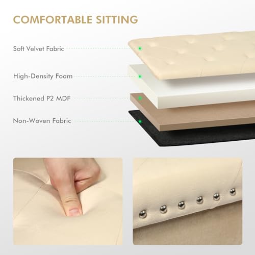 PINPLUS Beige Folding Storage Ottoman Cube, 16inch Velvet Tuffed Storage Ottoman, Foldable Foot Rest Stool with Rivet Tray, Shoes Box Toy Chest and Seat for Living Room, Bedroom