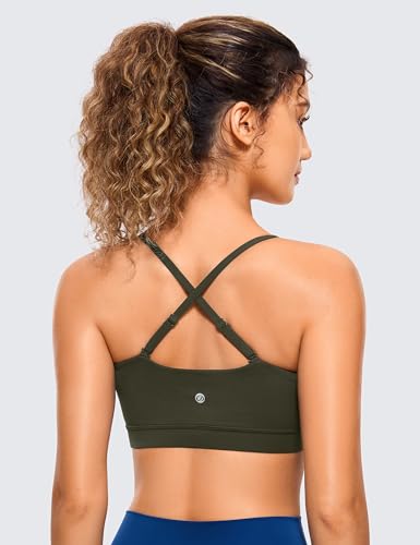 CRZ YOGA Butterluxe Womens Adjustable Spaghetti Thin Strap Sports Bra - Padded Wireless Square Neck Workout Yoga Bra Olive Green Small